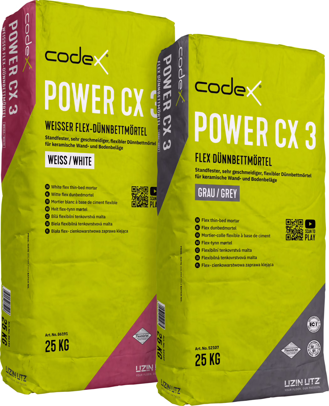 Dva pytle po 25 kg flexibilního tenkovrstvého malty codex POWER CX 3 zobrazené vedle sebe. Jeden pytel je označen WEISS / WHITE s magentovým rohovým panelem, druhý GRAU / GREY se šedým panelem. Obaly jsou jasně žluté s velkým bílým nápisem „POWER CX 3“, logem codex, vícejazyčným popisem produktu, viditelným QR kódem, certifikačními symboly a značkou UZIN UTZ. Produkt je popisován jako pevný, velmi hladký, flexibilní tenkovrstvý maltový materiál pro keramické stěnové a podlahové povrchy; čísla artiklů (Art. No. 86191 a Art. No. 52107) a označení hmotnosti 25 KG jsou čitelná. Na fotografii jsou viditelné tištěné texty, sklady obalu a studiové osvětlení.