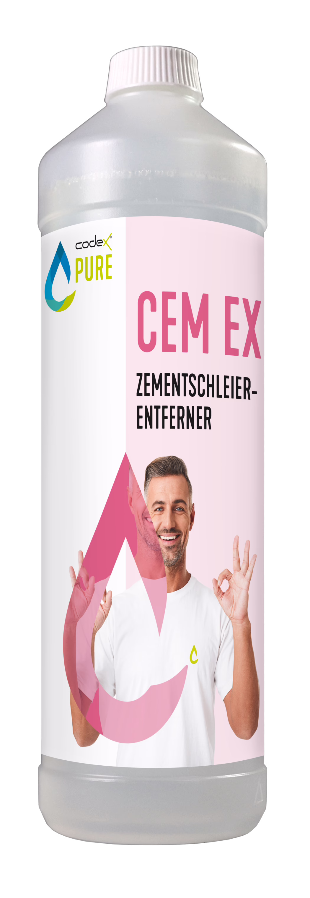 codex_Dummy_Pure Cem EX_2021-06 Vysoká průsvitná bílá plastová lahev s bílým šroubovacím uzávěrem, na štítku nápis 'CEM EX ZEMENTSCHLEIER-ENTFERNER'. Štítek v růžovo-bílé kombinaci s logem 'codex PURE' a stylizovanou kapkou. Velký růžový nápis 'CEM EX' a černý text 'ZEMENTSCHLEIER-ENTFERNER'. Na štítku je vyfocen usmívající se muž v bílém tričku, dělá gesto 'OK'; růžové grafické překryvy částečně zakrývají obraz. Lahev vypadá plná, fotografována na bílém pozadí. Výrobek slouží k odstraňování cementového mléka.