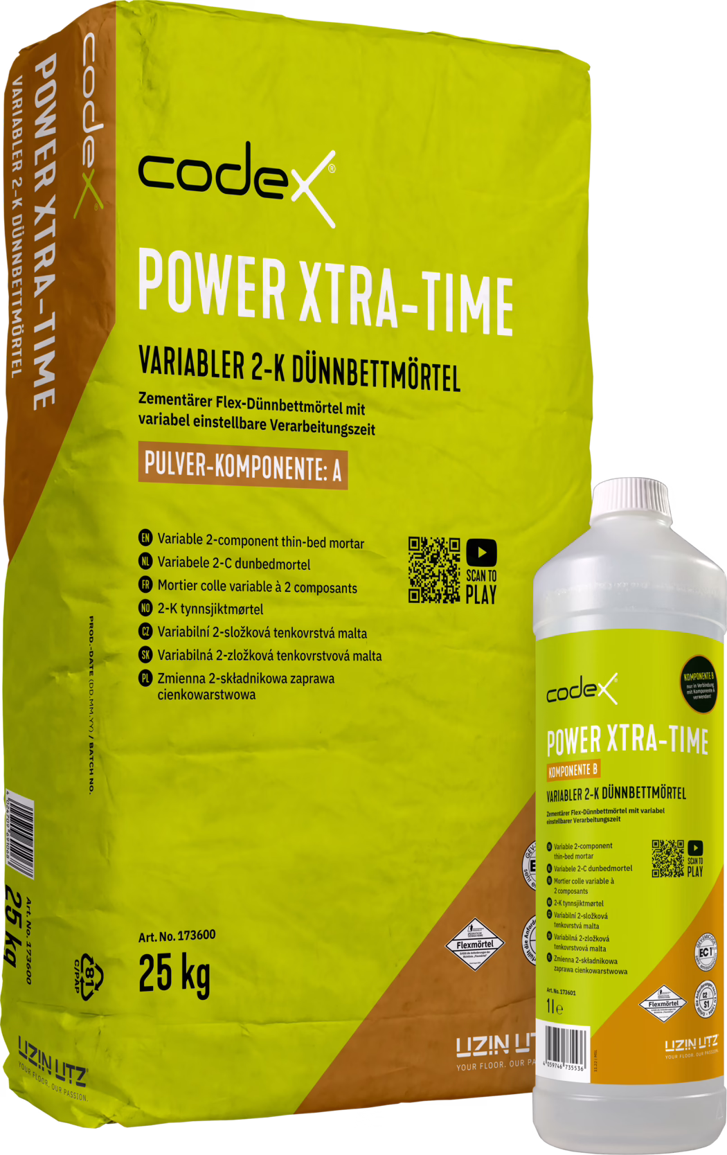 Studiozáběr sadu dvousložkové tenkovrstvé malty Codex Power Xtra-Time: velký žlutozelený papírový pytel 25 kg s nápisem 'POWER XTRA-TIME' a 'Variabler 2-K Dünnbettmörtel' (prášková složka A) vedle bílé plastové 1 l lahve jako složka B. Na pytli je logo Codex, název produktu velkými bílými písmeny, hnědý pruh 'Pulver-Komponente: A', vícejazyčné popisky, ikony, QR kód a označení váhy '25 kg'; lahev má shodný žlutozelený štítek a bílý uzávěr. Balení je mírně pomačkané a vyfocené na bílém pozadí, zdůrazňujíce detaily a označení pro stavební použití.