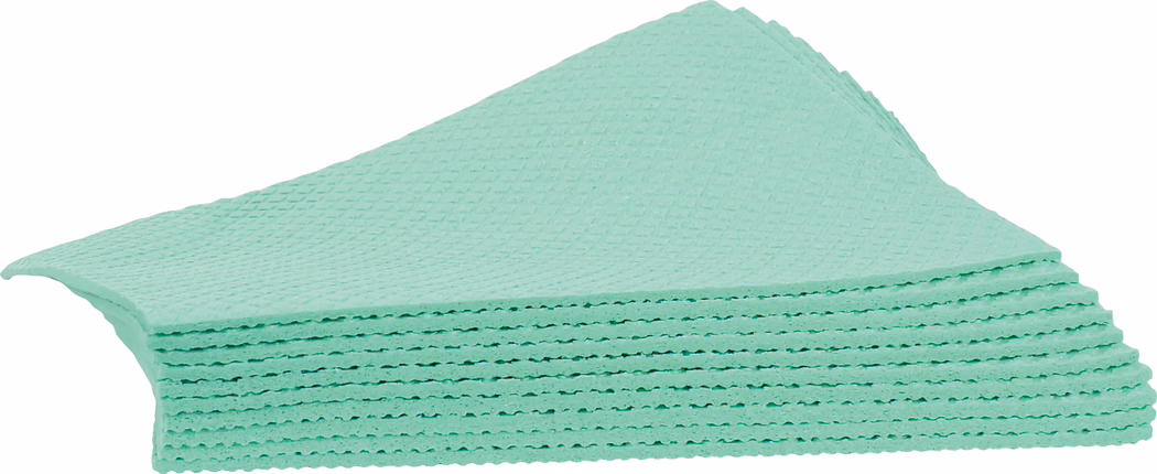 codex_Dummy_Sponge cloths_2019-12 Stoh jasně neonově zelených texturovaných čistících hadříků, pečlivě naskládaných. Hadříky mají vaflový nebo plástový vzor a vlnité okraje; na boku je vidět několik vrstev a horní hadřík je mírně zvednutý. Materiál působí vysoce savě, podobně jako celulózové nebo mikrovláknové utěrky určené pro domácí úklid. Stoh je vyfocen na bílém pozadí s rovnoměrným osvětlením, které zvýrazňuje texturu, vrstvené okraje a tloušťku.