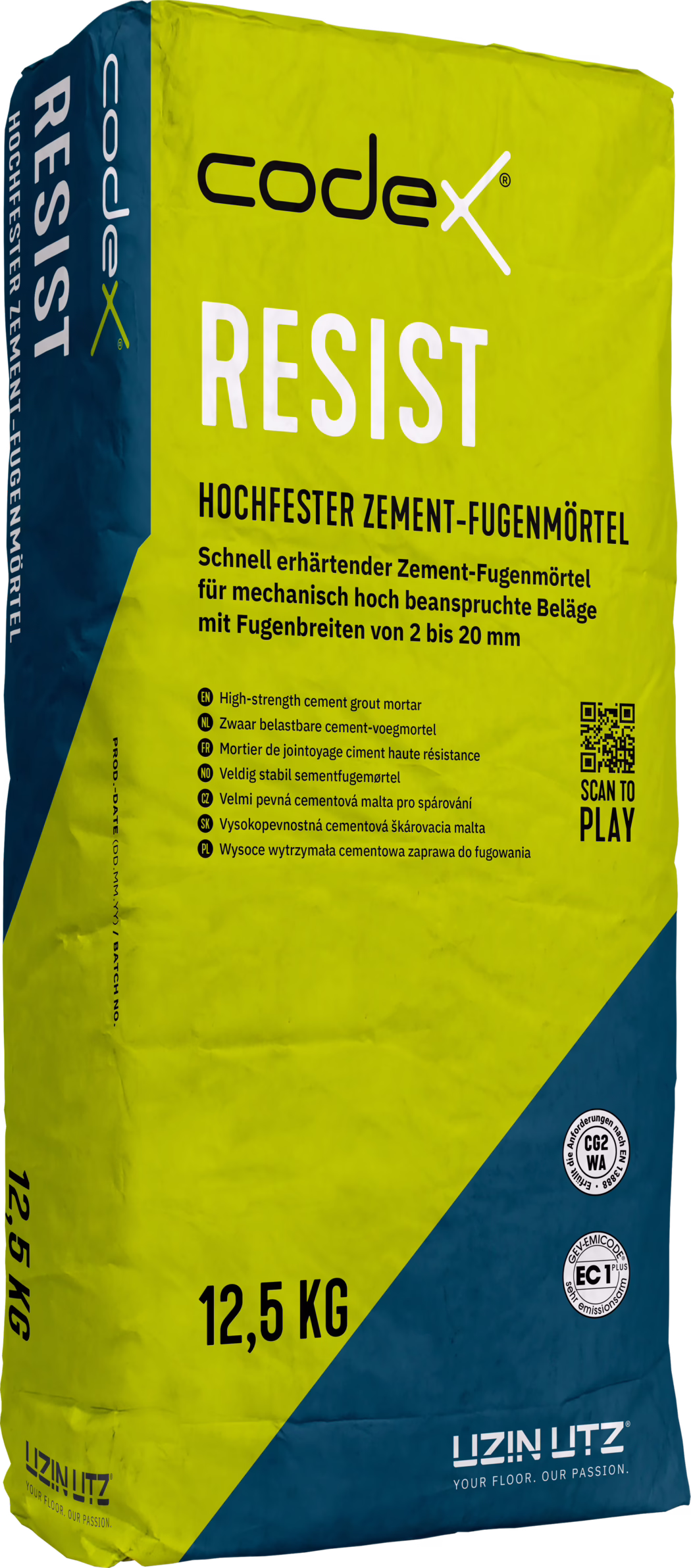 codex_Dummy_Resist_right_2022-01 Fotografie 12,5kg pytle cementové spárovací malty 'codex RESIST' vysoké pevnosti. Pytel je převážně žlutozelený s tmavě modrým diagonálním rohem a nese velký bílý nápis 'RESIST' a značku 'codex' nahoře. Text uvádí, že jde o rychle tuhnoucí cementovou spárovací maltu pro mechanicky vysoce namáhané povrchy se šířkami spár od 2 do 20 mm. Na obalu jsou vícejazyčné popisy produktu, QR kód s nápisem 'SCAN TO PLAY', označení shody (CG2 WA, EC1) a logo výrobce 'UZIN|UTZ' dole. Povrch pytle je mírně pomačkaný; snímek je na bílém pozadí.