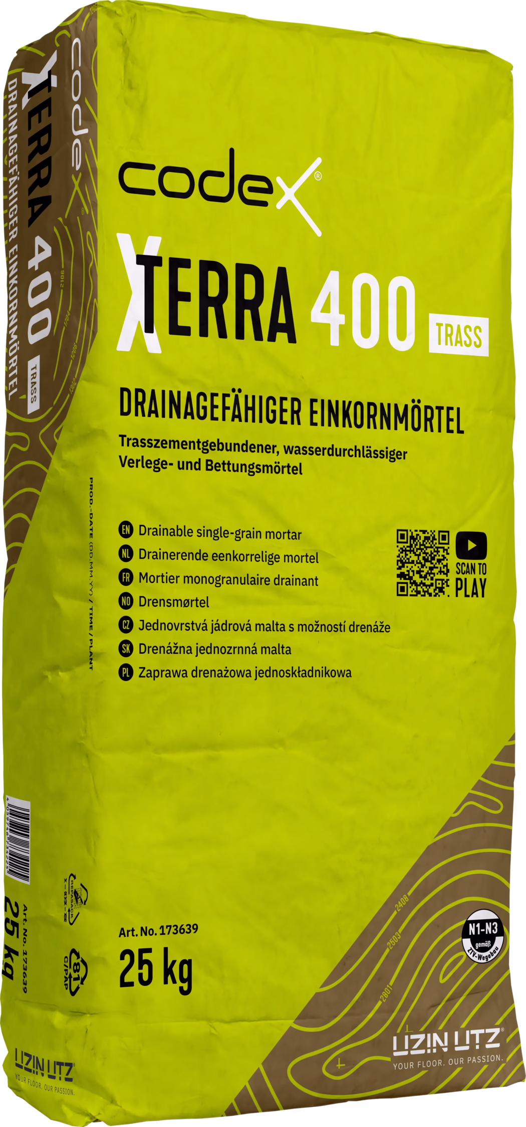 Žlutozelený pytel 25 kg codex X TERRA 400 TRASS — drenážní jednozrnné malta. Na přední straně je logo 'codex', výrazný název 'X TERRA 400' s označením 'TRASS', německý nadpis 'DRAINAGEFÄHIGER EINKORNMÖRTEL', krátké vícejazyčné popisy, QR kód s ikonou 'SCAN TO PLAY', číslo artiklu a hmotnost '25 kg' a hnědé konturové grafické prvky a branding dole. Určeno pro vodopropustné pokládání a lože malty.
