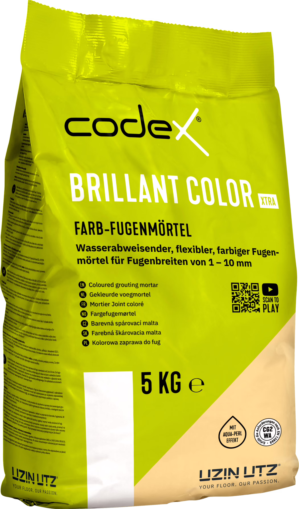 Na obrázku je balení codeX BRILLIANT COLOR XTRA, barevného spárovacího malty. Taška je výrazně žlutá s bílým a černým textem. Obsahuje informace o jeho vlastnostech, včetně vodoodpudivosti, flexibility a vhodnosti pro šířky spár od 1 do 10 mm. Hmotnost balení je 5 KG a je zde QR kód pro více informací.