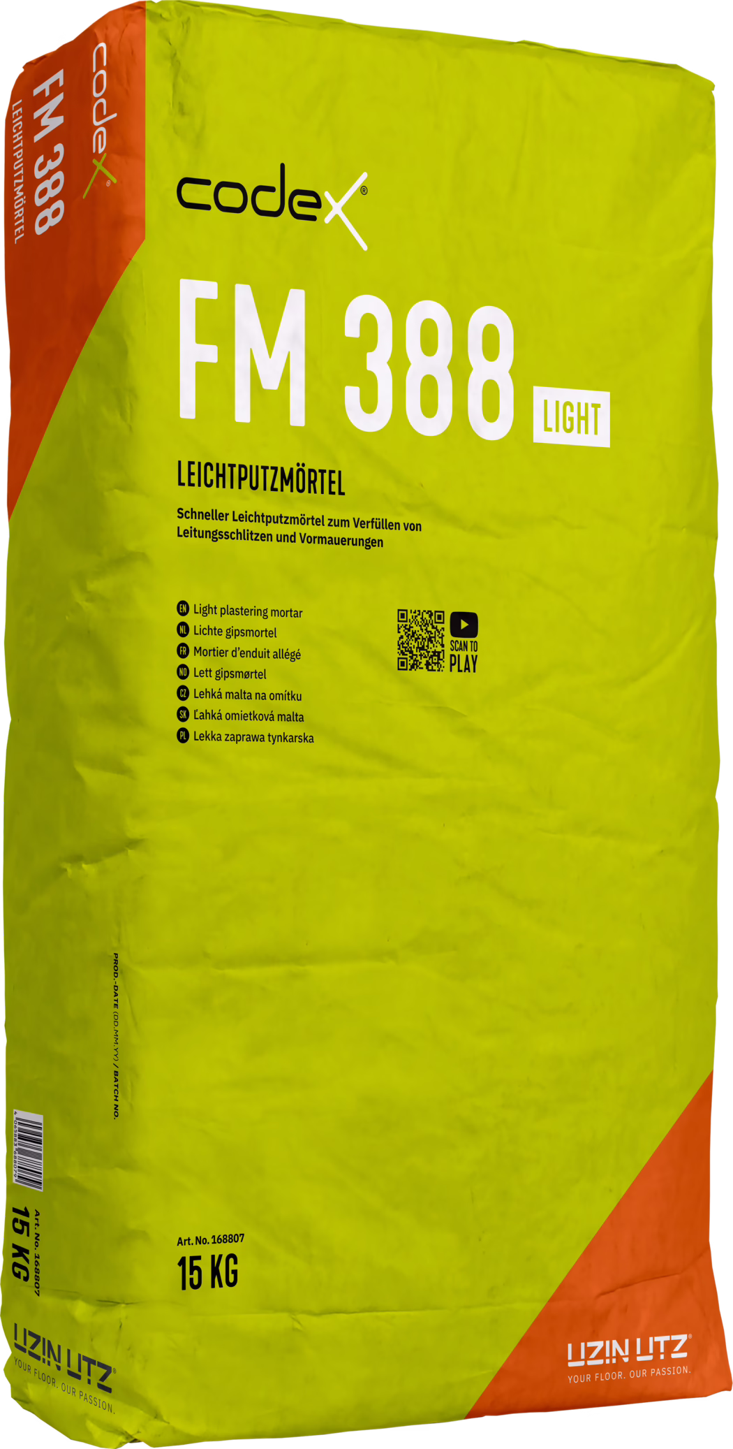 Vysoce kvalitní fotografie produktu: pytel 15 kg lehkého omítkového malty Codex FM 388 LIGHT. Obdélný papírový pytel je jasně žlutý s oranžovým trojúhelníkovým prvkem v rohu a černým logem 'codex' v horní části. Na přední straně dominuje velký bílý nápis 'FM 388' a malá značka 'LIGHT'; pod tím je německý název 'LEICHTPUTZMÖRTEL' a krátký vícejazyčný popis uvádějící použití pro vyplňování drážek na vedení a předomítky. Vedle je viditelný QR kód a piktogram, dole je vytištěna hmotnost '15 KG' a číslo artiklu. Pytel má realistické záhyby a ohyby, mírně nakloněný, fotografováno na bílém pozadí, vhodné pro katalog nebo e‑shop.