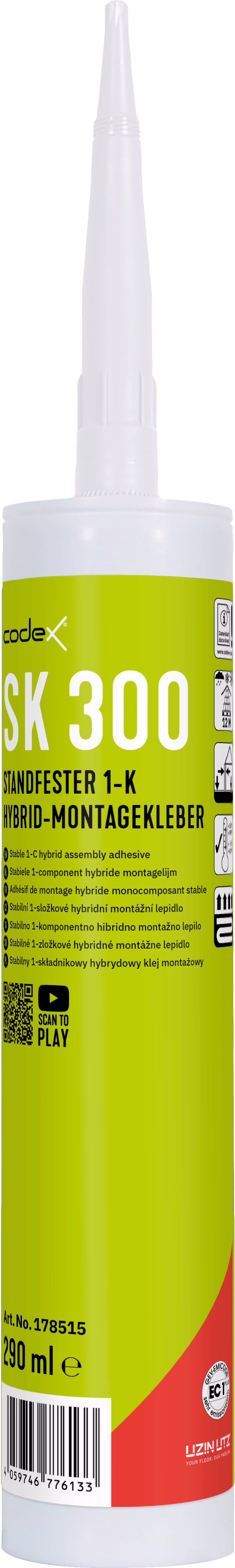 codex_Dummy_SK 300_front_2024-04 Detailní záběr vysoké bílé válcové kartuše s lepidlem a dlouhým kuželovým nástavcem. Jasně limetková etiketa obsahuje nápis 'SK 300' a 'Standfester 1-K Hybrid-Montagekleber', značku 'codex', ikony použití, QR kód a čárový kód; objem je uveden jako 290 ml a dole je červený akcent. Detaily obalu a symboly návodu jsou zřetelně viditelné na bílém pozadí.
