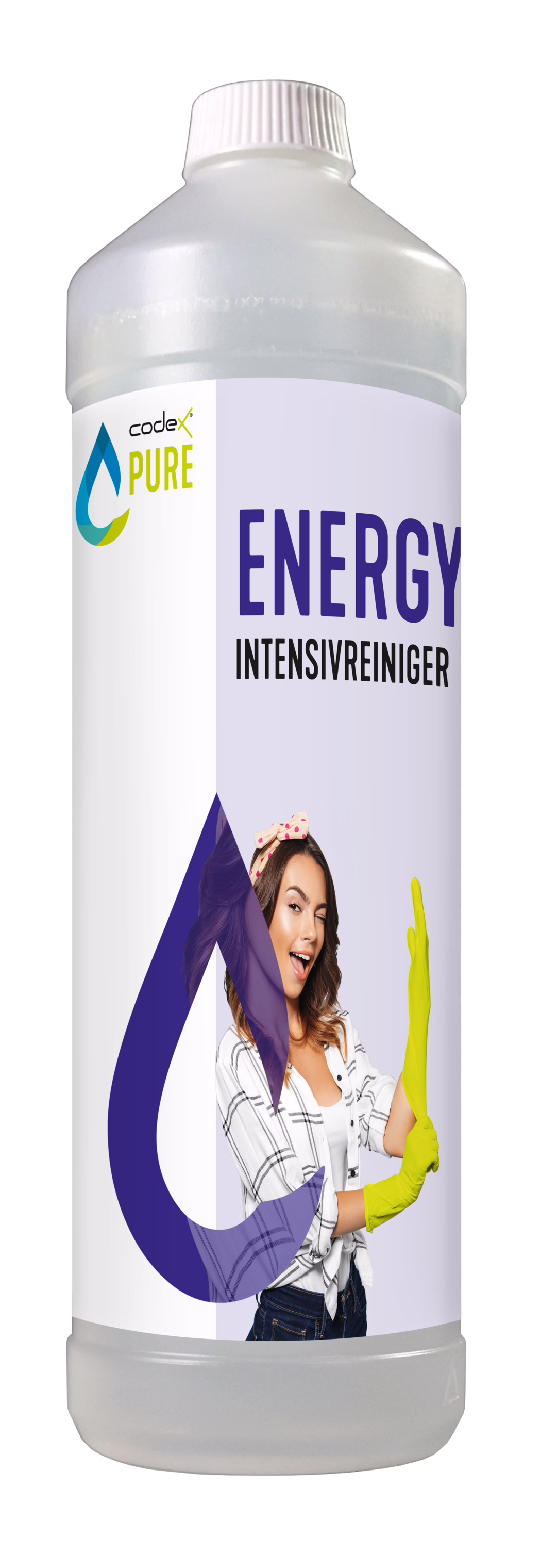 codex_Dummy_Pure Energy_1L_2021-06 Vysoká poloprůhledná bílá plastová láhev s bílým šroubovacím uzávěrem, označená 'ENERGY Intensivreiniger' od codex PURE. Etiketa je fialovo-bílá s velkým logem kapky a fotografií usměvavé ženy v žlutých gumových rukavicích, která mrká; láhev stojí na bílém pozadí a evokuje silný čisticí prostředek pro domácnost.