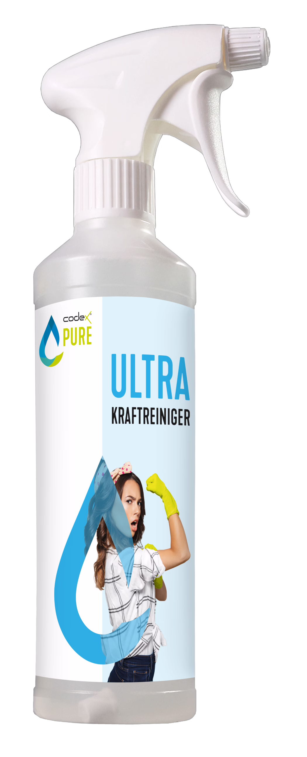 A tall white plastic spray bottle photographed front-on against a white background. The bottle has a white trigger nozzle with a ribbed screw neck and a translucent cylindrical body. A large label covers the front: on the right a pale blue panel with bold blue capital letters reading 'ULTRA' and smaller black text 'KRAFTREINIGER', on the left a white panel with the logo 'codex PURE' and a stylized blue-and-green droplet graphic. The lower portion of the label features a photographic cutout of a woman wearing a white plaid shirt and bright yellow rubber cleaning gloves, posed with a flexed arm in a playful 'strong' gesture; a semi-transparent blue droplet graphic overlays part of her image. The composition emphasizes a modern, powerful household cleaner through high-contrast typography, clear product branding, and clean studio lighting that reveals plastic textures, subtle reflections, and the partially visible liquid level inside the translucent bottle.