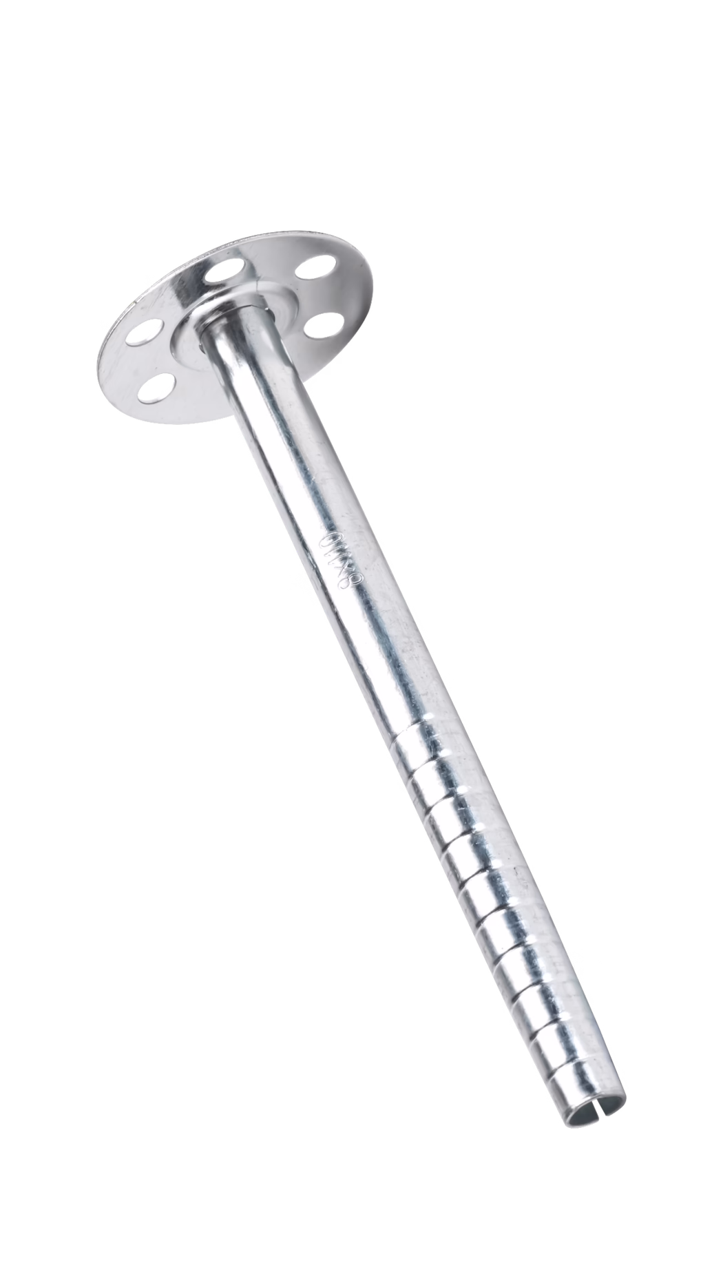 codex_Dummy_X-Board dowel_2022-05 Close-up product photograph of a galvanized metal insulation anchor: a long hollow cylindrical shaft with evenly spaced shallow ring indentations near the tip, a slotted end, and a round perforated disc head featuring four circular holes. The anchor has a shiny silver finish with visible stamping on the shaft and reflects studio lighting. It is isolated on a clean white background and positioned diagonally across the frame. This durable metal fixing is typically used to secure insulation boards or panels to masonry or concrete surfaces.