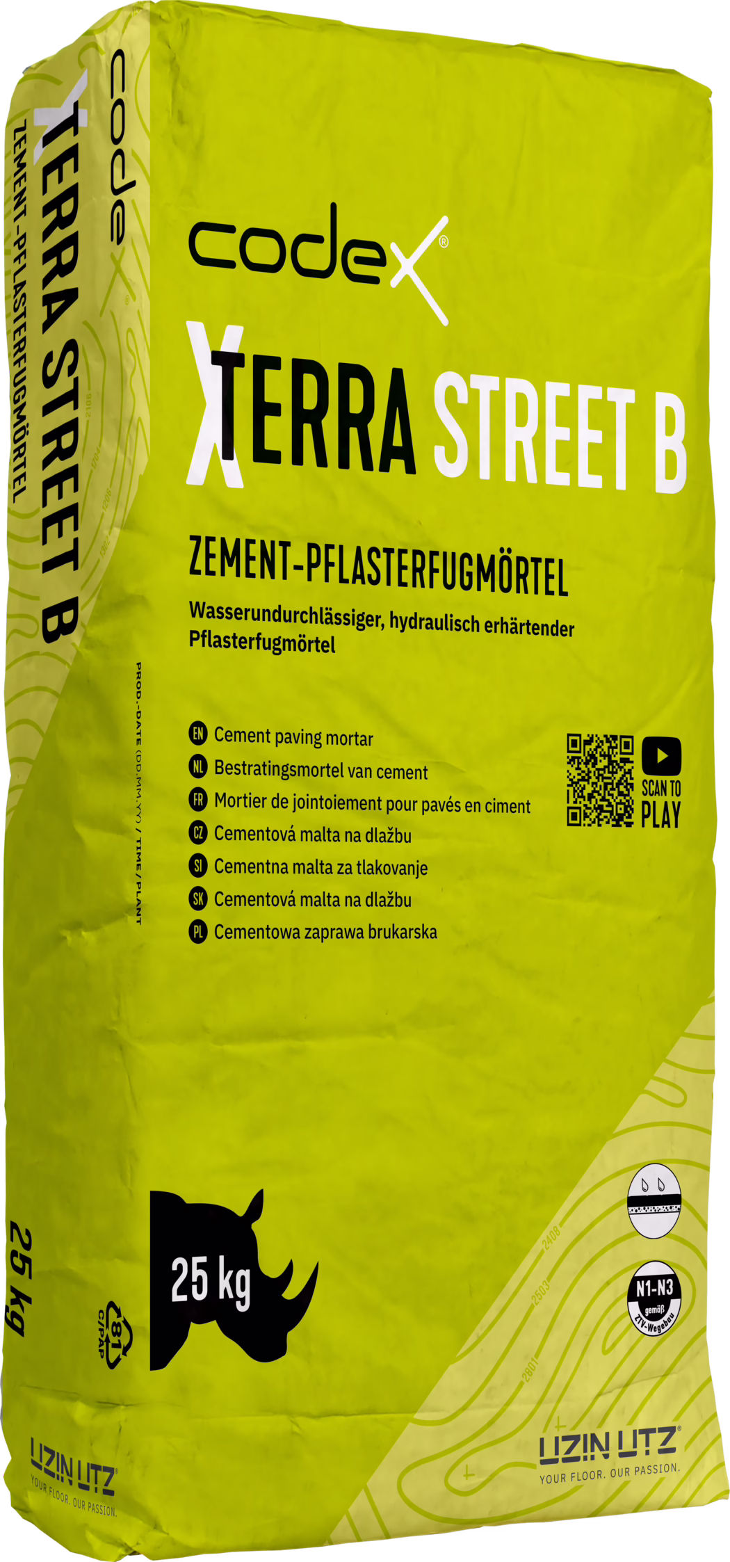 Photograph of a bright yellow-green 25 kg bag of codex XTERRA STREET B cement paving joint mortar. Prominent black and white product name and brand logo 'codex' and 'XTERRA STREET B' on the front, with German label 'ZEMENT-PFLASTERFUGMÖRTEL' and a short description stating it is a water-permeable, hydraulically hardening paving joint mortar. The packaging shows multilingual short descriptions, a QR code with a 'SCAN TO PLAY' callout, certification and handling icons, and a black rhino silhouette indicating the 25 kg weight. The bag appears slightly crumpled with printed contour graphics on the lower corner and a plain light background.