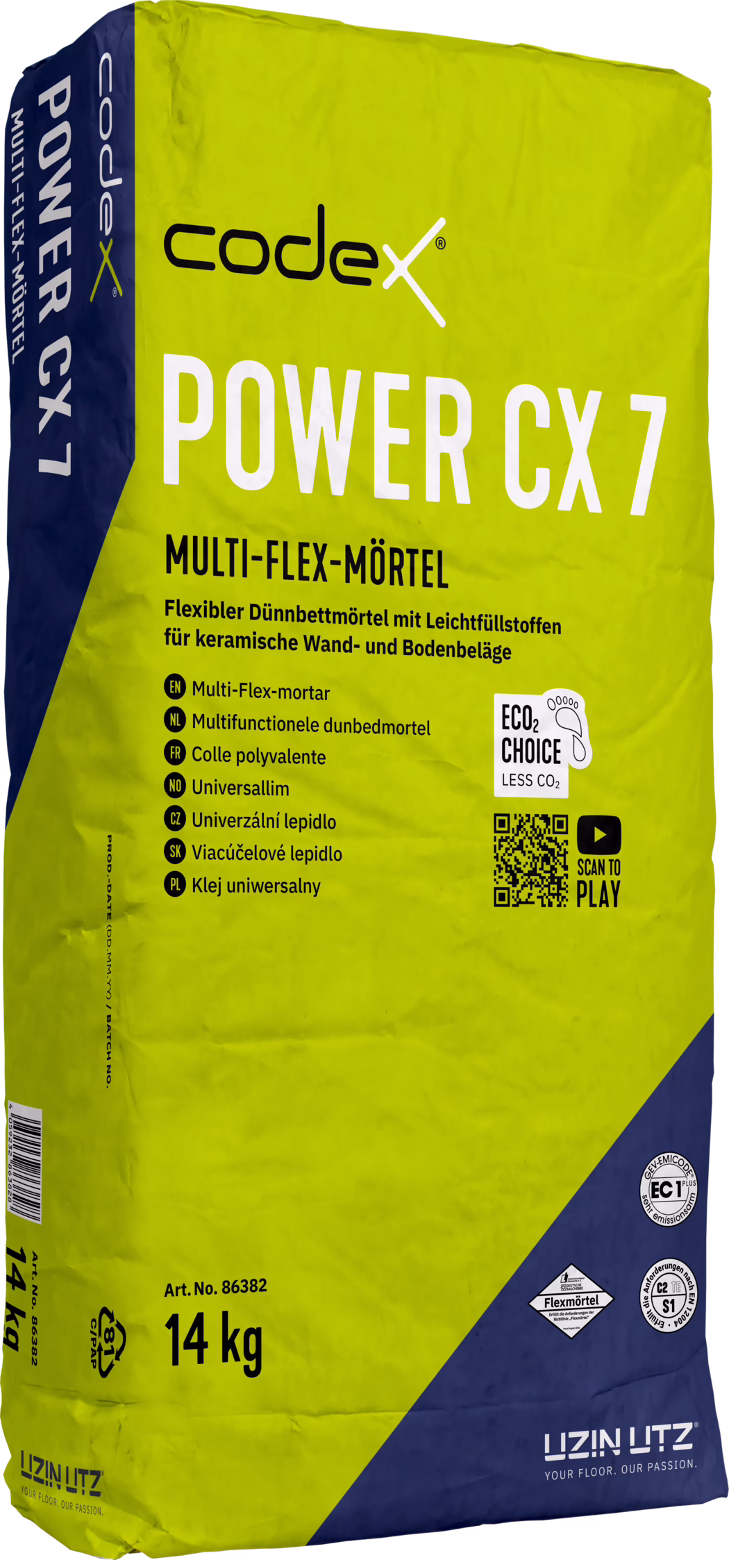 codex Power CX 7 Žluto-zelený a tmavě modrý pytel 'codex POWER CX 7' multifunkční malty, na přední straně značka 'codex', velký nápis 'POWER CX 7', německý popis výrobku o flexibilní tenkovrstvé maltě pro keramické stěnové a podlahové krytiny, vícejazyčný seznam, logo ECO2 Choice, QR kód, hmotnost '14 kg' a certifikační značky.
